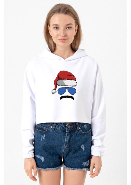 Mustache Christmas Hero Beyaz Optik Kadın Crop Kapşonlu