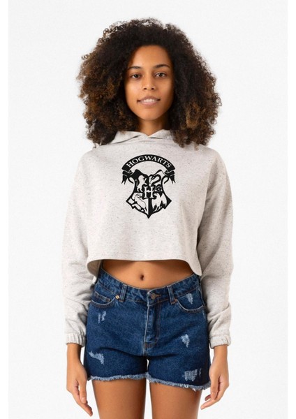 Hp Hogwarts Beyaz Kırçıllı Kadın Crop Kapşonlu