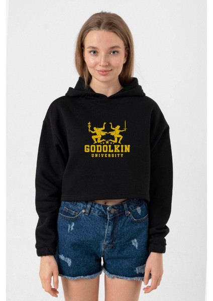 Gen V Godolkin University Logo Siyah Kadın Crop Kapşonlu
