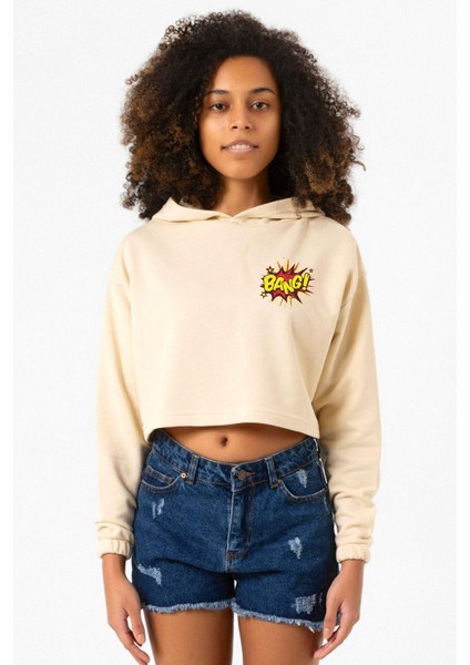 Big Bang Theory Bang Logo Bej Kadın Crop Kapşonlu