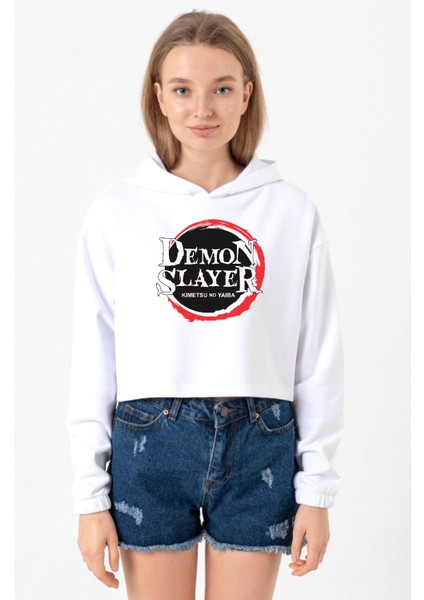 Demon Slayer Anime Squad Demon Slayer Kimetsu No Yaiba Beyaz Optik Kadın Crop Kapşonlu