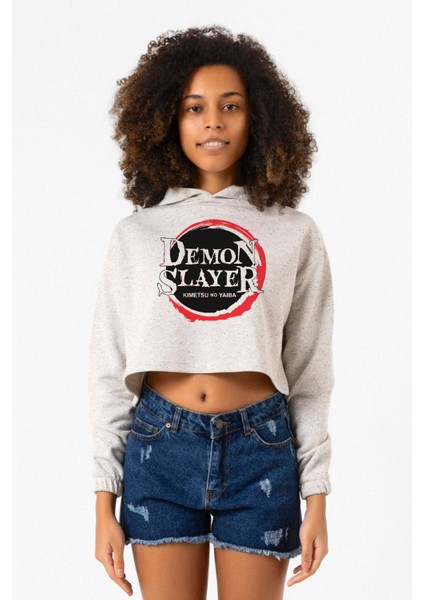 Demon Slayer Anime Squad Demon Slayer Kimetsu No Yaiba Beyaz Kırçıllı Kadın Crop Kapşonlu
