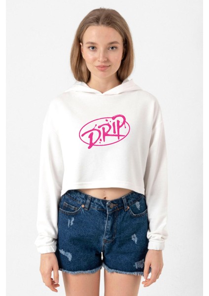 Babymonster Drip Ekru Kadın Crop Kapşonlu