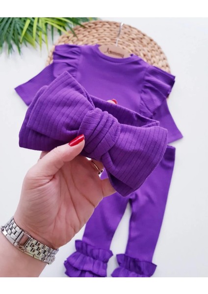 Fırfırlı Bluz Çift Fiyonk Bandana Tayt Kaşkorse 3'lü Kız Bebek Takım Pamuk Yenidoğan fiyatları