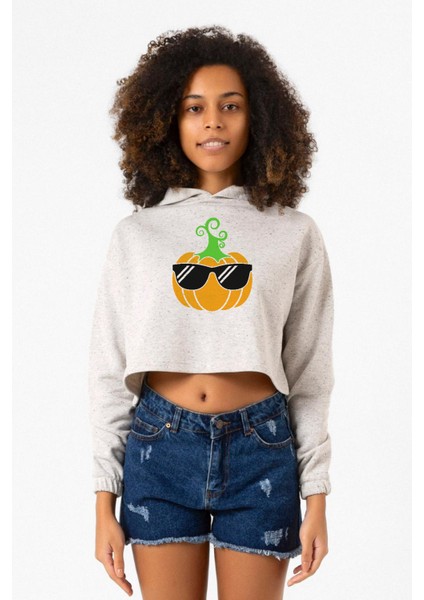 Cool Pumpkin Beyaz Kırçıllı Kadın Crop Kapşonlu