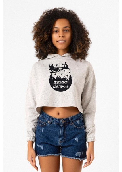 Merry Christmas Sleigh Beyaz Kırçıllı Kadın Crop Kapşonlu