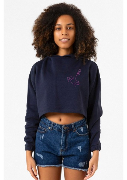 Blackpink Rose Signature Lacivert Kadın Crop Kapşonlu