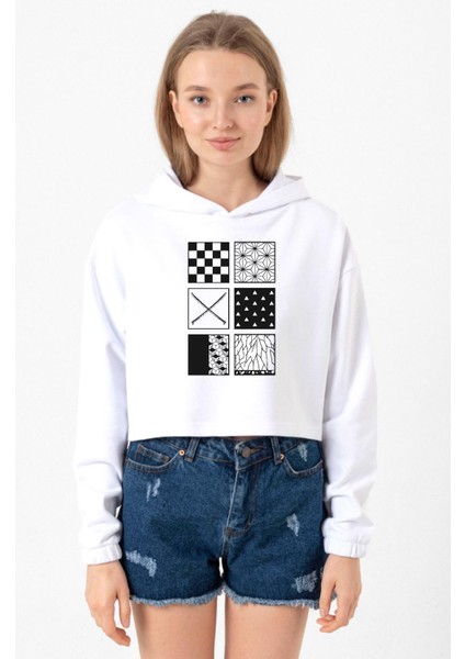 Demon Slayer Anime Patterns Beyaz Optik Kadın Crop Kapşonlu