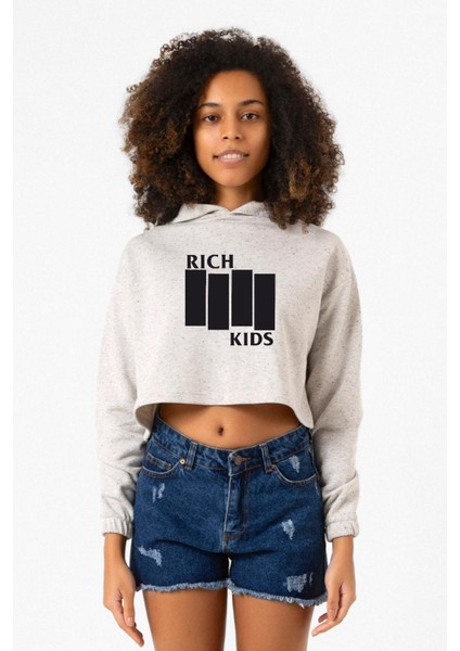 G-Dragon Rich Kids Beyaz Kırçıllı Kadın Crop Kapşonlu