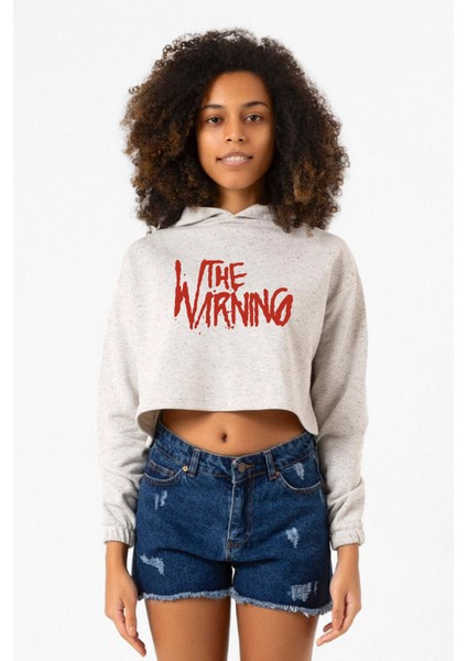 The Warning Logo Beyaz Kırçıllı Kadın Crop Kapşonlu