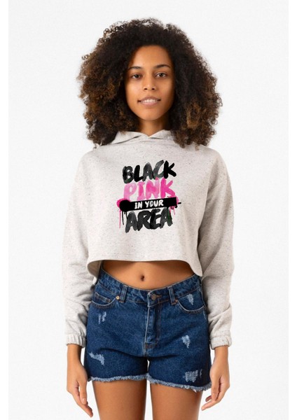 Black Pink In Your Area Beyaz Kırçıllı Kadın Crop Kapşonlu