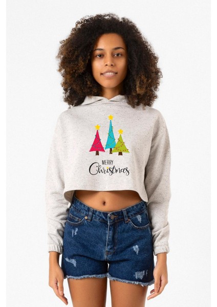 Merry Christmas Beyaz Kırçıllı Kadın Crop Kapşonlu
