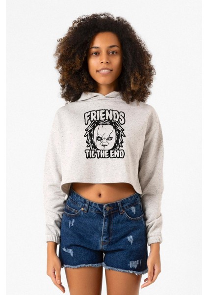 Friends Til The End Beyaz Kırçıllı Kadın Crop Kapşonlu