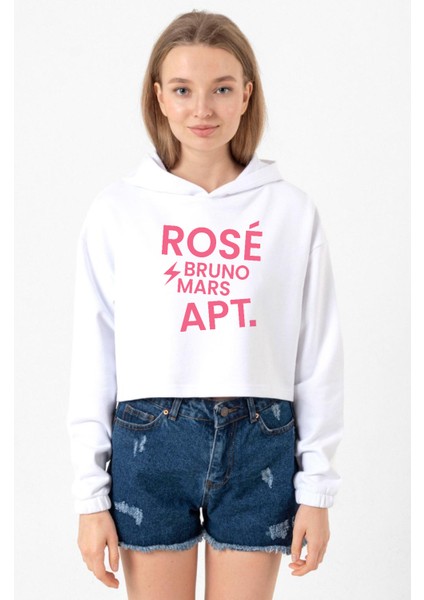 Beyaz Blackpınk Rose Bruno Mars Apt Optik Kadın Crop Kapşonlu