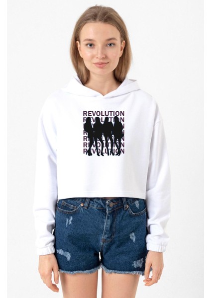 Blackpink Revolution Beyaz Optik Kadın Crop Kapşonlu