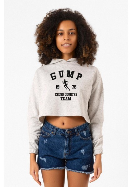 Forrest Gump Cross Country Team Beyaz Kırçıllı Kadın Crop Kapşonlu