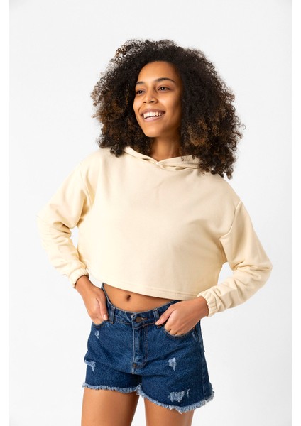 Basic Bej Kapüşonlu Crop Sweatshirt