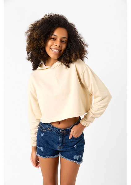 Basic Bej Kapüşonlu Crop Sweatshirt fiyatları