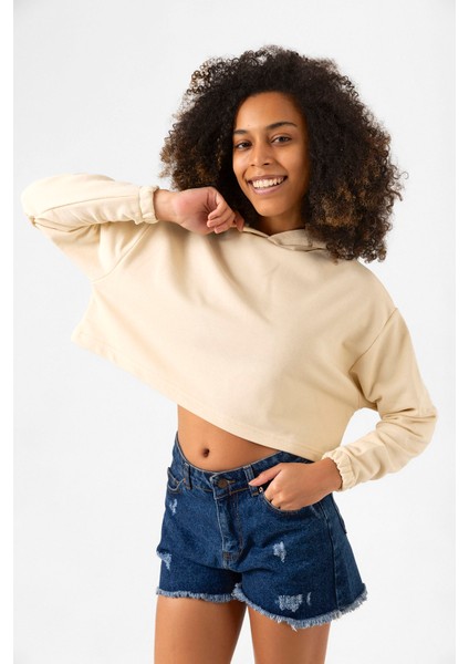 Basic Bej Kapüşonlu Crop Sweatshirt modelleri