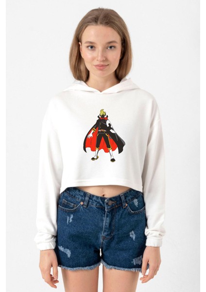One Piece Anime Sanji Ekru Kadın Crop Kapşonlu