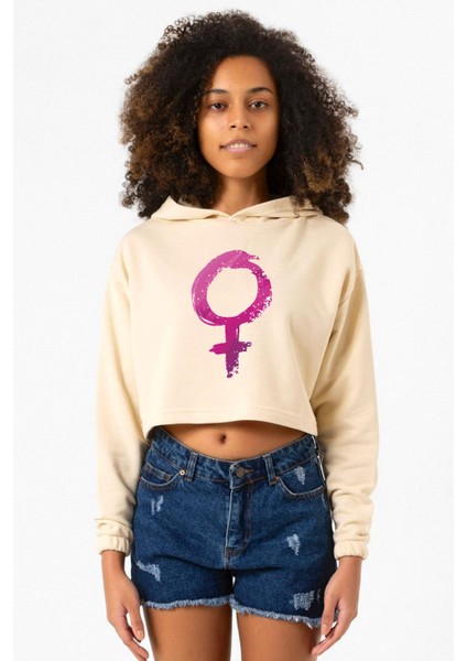 Purple Venus Symbol Bej Kadın Crop Kapşonlu