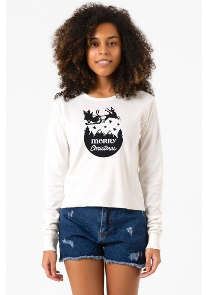 Merry Christmas Sleigh Ekstra Uzunkol Sweatshirt Ekru
