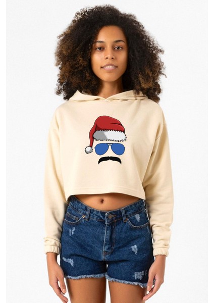 Mustache Christmas Hero Bej Kadın Crop Kapşonlu