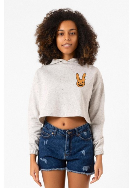 Bad Bunny Halloween Beyaz Kırçıllı Kadın Crop Kapşonlu