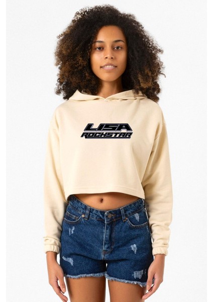 Lisa Rockstar Bej Kadın Crop Kapşonlu