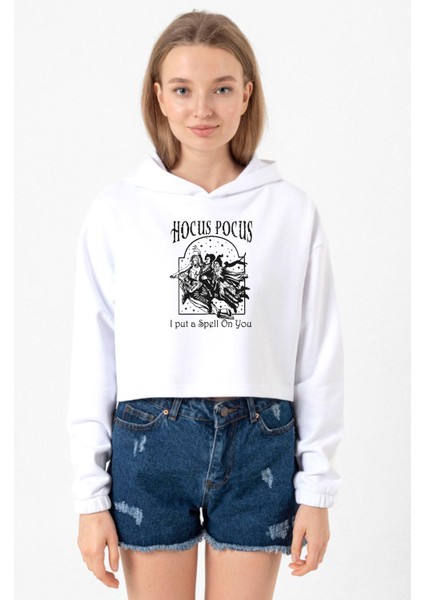 Hocus Pocus I Put A Spell On You Beyaz Optik Kadın Crop Kapşonlu