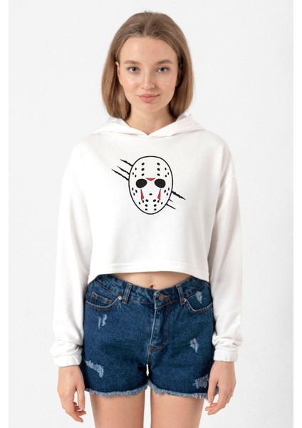 Jason Voorhees Facemask Ekru Kadın Crop Kapşonlu