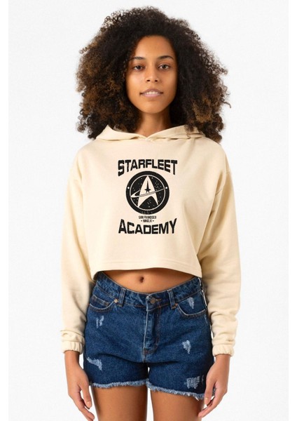 Star Trek Starfleet Academy Bej Kadın Crop Kapşonlu