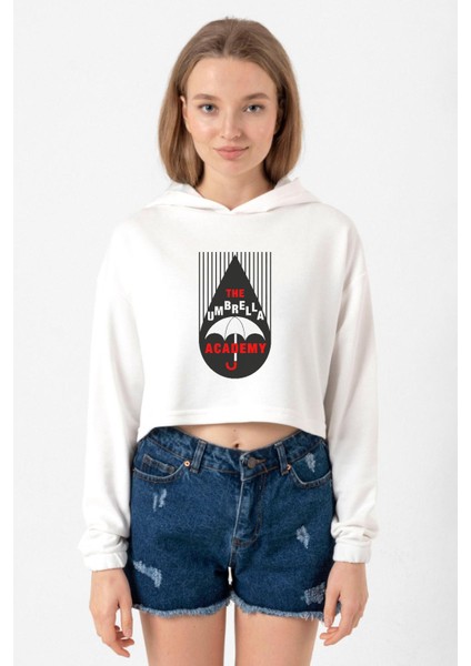 The Umbrella Academy Rain Logo Ekru Kadın Crop Kapşonlu