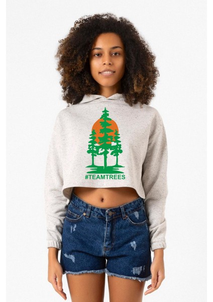 Mr Beast Team Trees Beyaz Kırçıllı Kadın Crop Kapşonlu