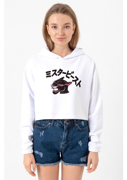 Mr Beast Kanji Beyaz Optik Kadın Crop Kapşonlu