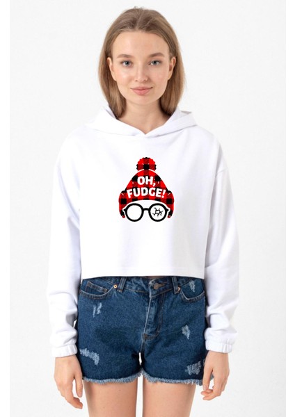 Oh Fudge Christmas Beyaz Optik Kadın Crop Kapşonlu