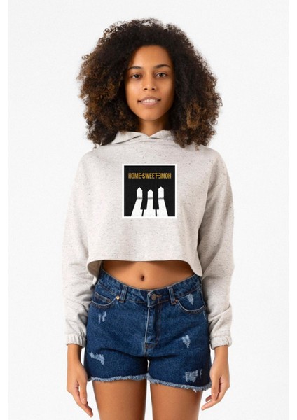G-Dragon Home Sweet Home Beyaz Kırçıllı Kadın Crop Kapşonlu