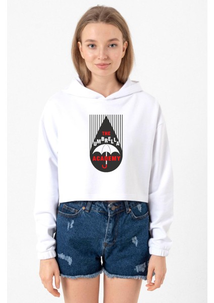 The Umbrella Academy Rain Logo Beyaz Optik Kadın Crop Kapşonlu