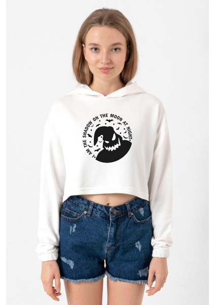 Oogie Boogie Ekru Kadın Crop Kapşonlu