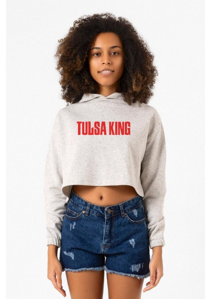 Tulsa King Lettern Beyaz Kırçıllı Kadın Crop Kapşonlu