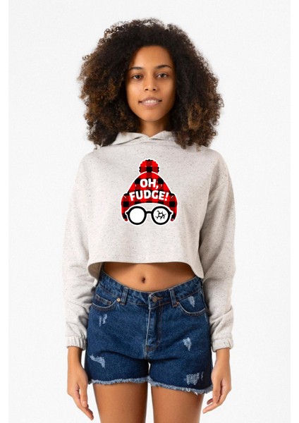 Oh Fudge Christmas Beyaz Kırçıllı Kadın Crop Kapşonlu