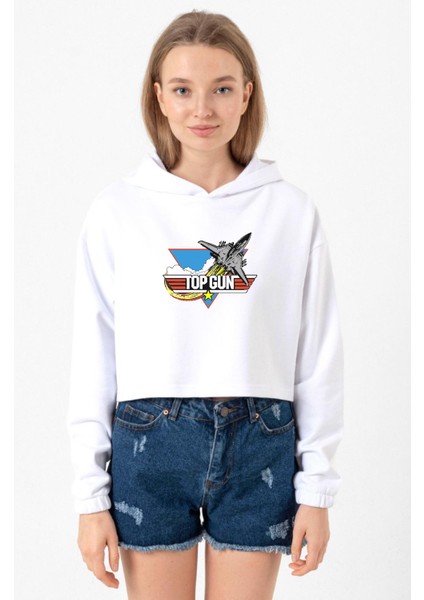 Top Gun Vintage Jet Stars Beyaz Optik Kadın Crop Kapşonlu