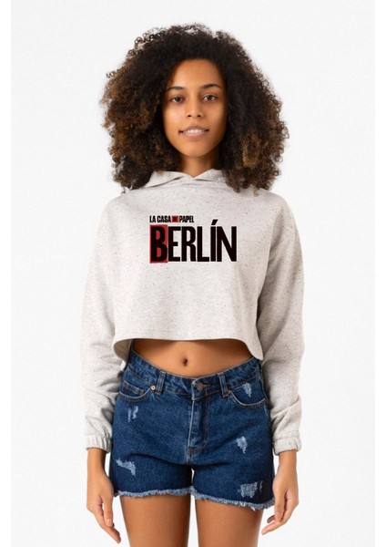 La Casa De Papel Berlin Beyaz Kırçıllı Kadın Crop Kapşonlu
