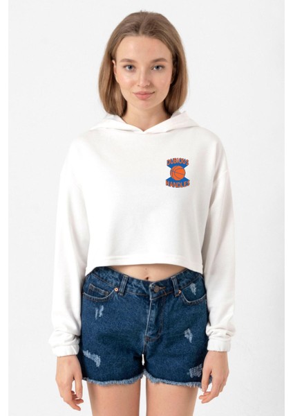 Dubious Handles Logo Ekru Kadın Crop Kapşonlu