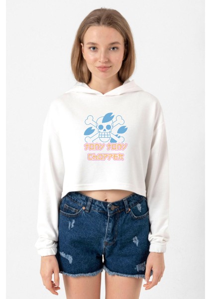 One Piece Anime Tony Tony Chopper Jolly Roger Ekru Kadın Crop Kapşonlu