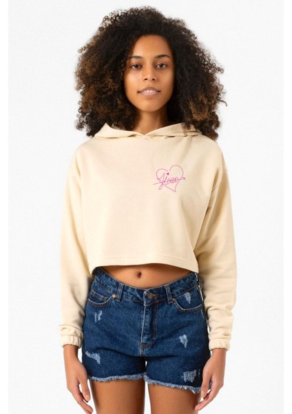 Blackpink Jisoo Signature Bej Kadın Crop Kapşonlu