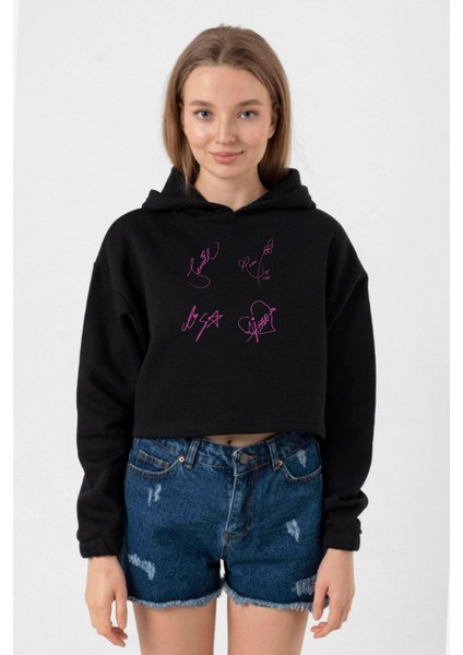 Blackpink Members Signatures Siyah Kadın Crop Kapşonlu
