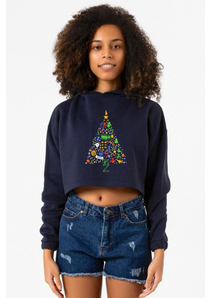 Broadway Christmas Lacivert Kadın Crop Kapşonlu