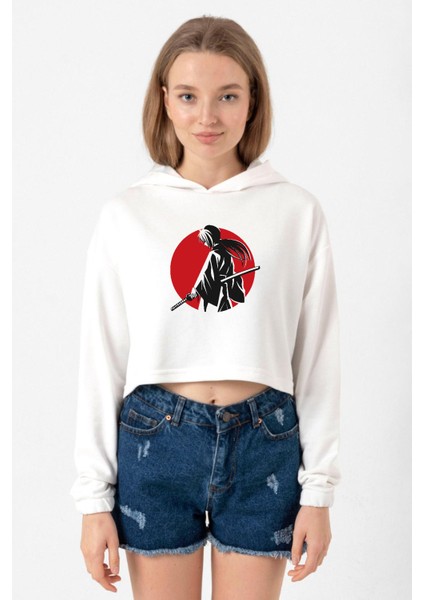 Rurouni Kenshin Samurai Logo Ekru Kadın Crop Kapşonlu