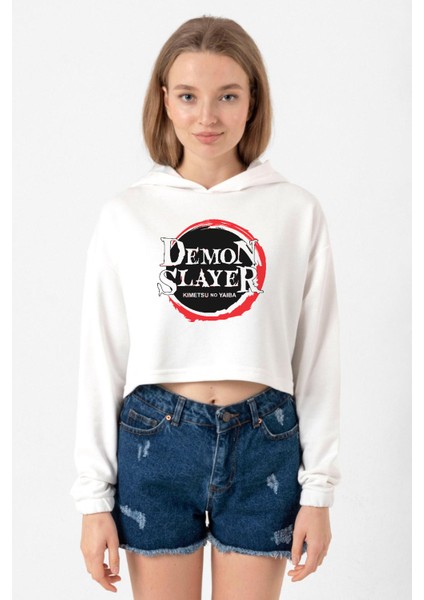 Demon Slayer Anime Squad Demon Slayer Kimetsu No Yaiba Ekru Kadın Crop Kapşonlu